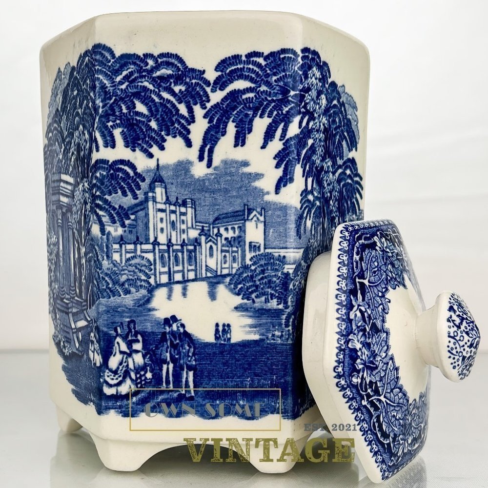 Vintage Kitchen Decor | Masons Vista Blue Stoneware Jar with Lid | - Picture 7 of 7